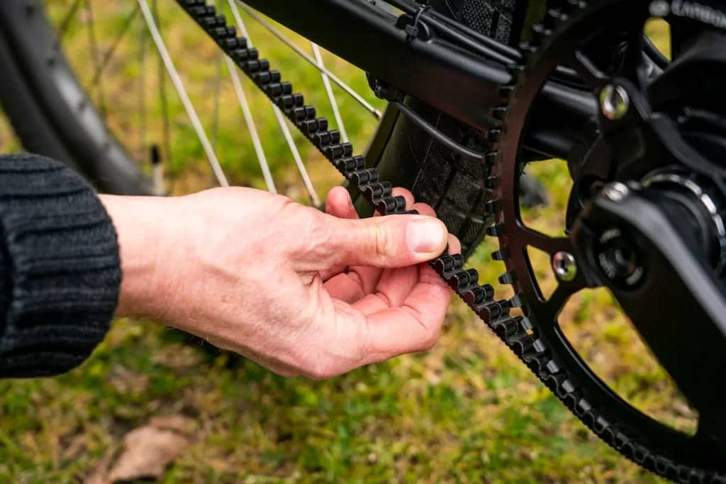 A person holding the belt on electric bike