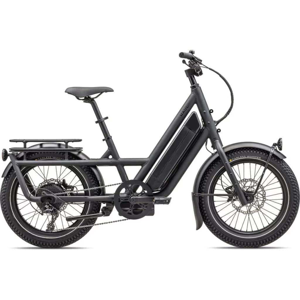 A side view of a black Specialized Globe Haul ST Electric Cargo Bike 