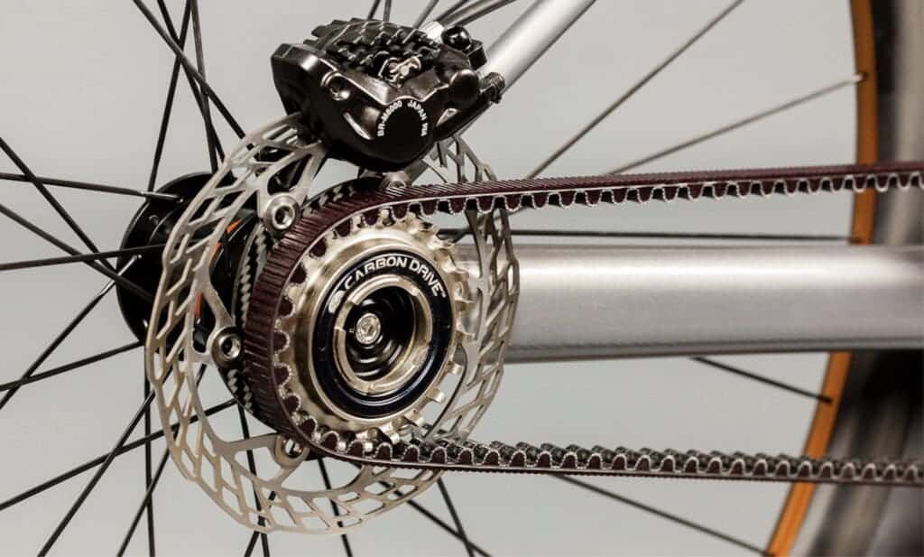 A view of a carbon drive belt on a bike instead of chain