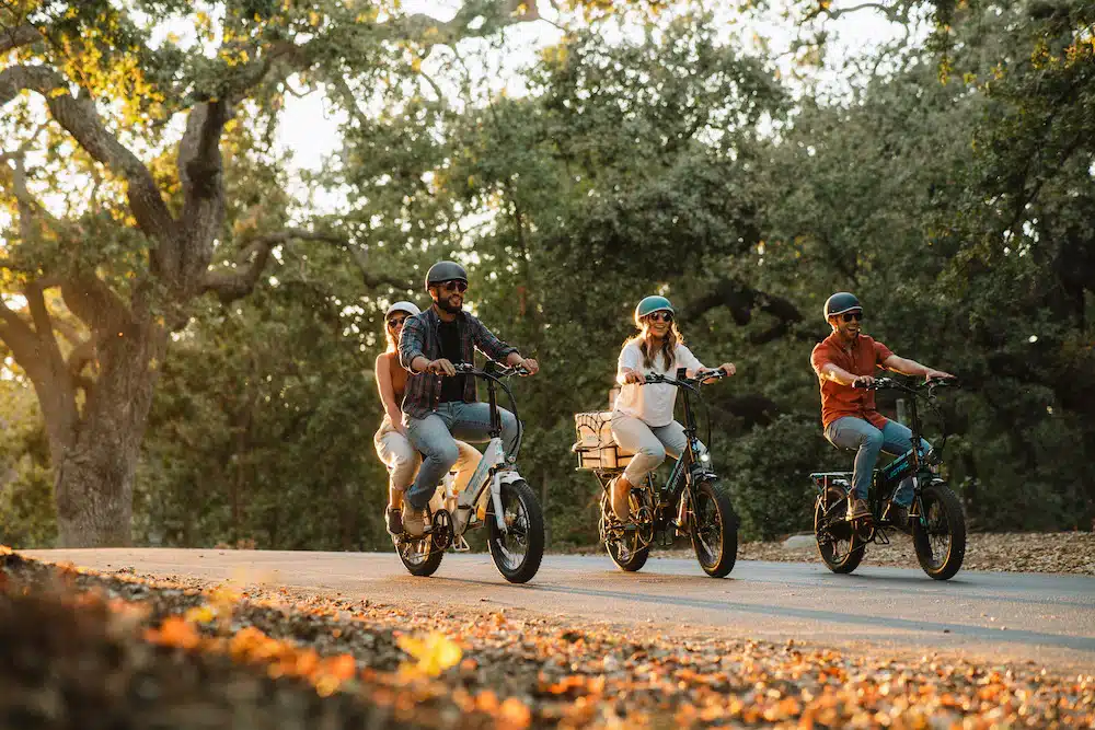 People riding electric bikes on a forest road