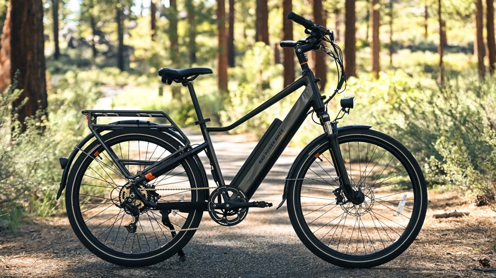 RadPower RadCity Plus bike standing on the ground in a forest