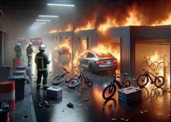 A representation of e bikes on fire with fire extinguishers