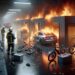 A representation of e bikes on fire with fire extinguishers