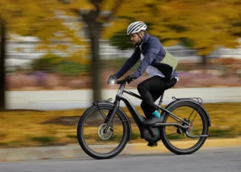 A view of a person riding bike in fast speed