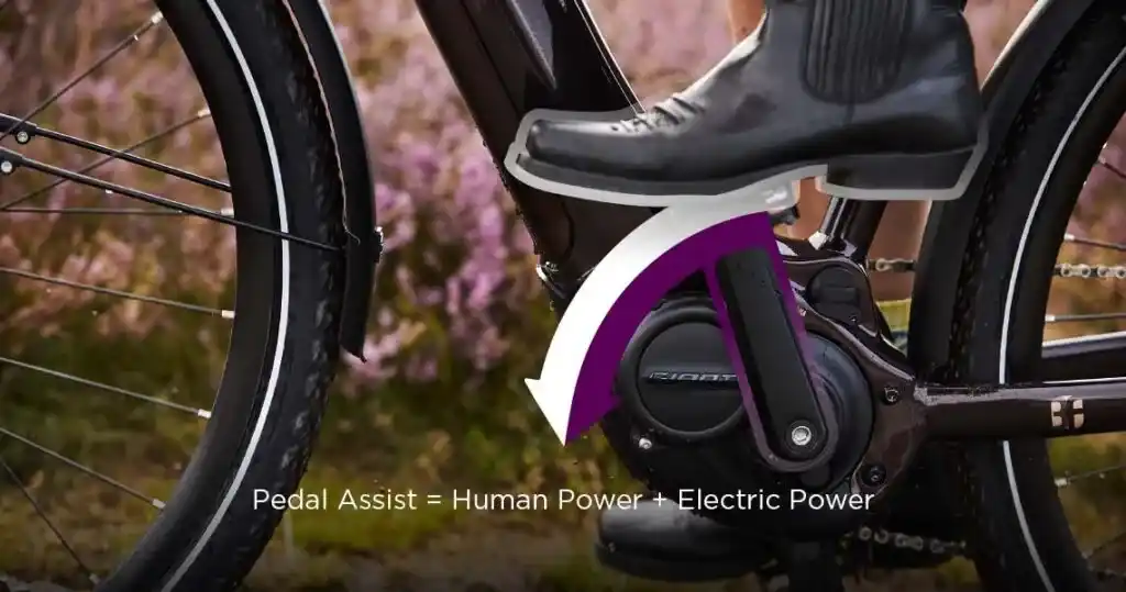 A view of a working shown through arrow of pedal assist and a human feet