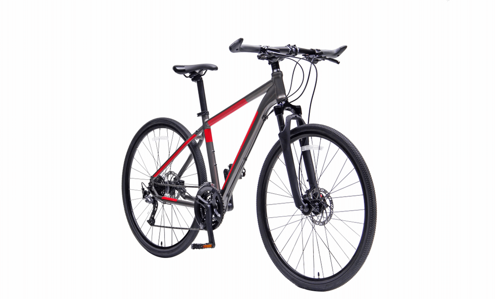 A view of black and red hybrid bike