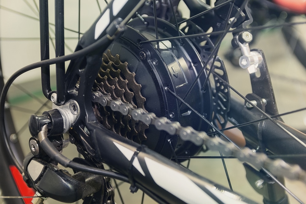 Electric Motor And Gears On Rear E bike Hub Close up Transport