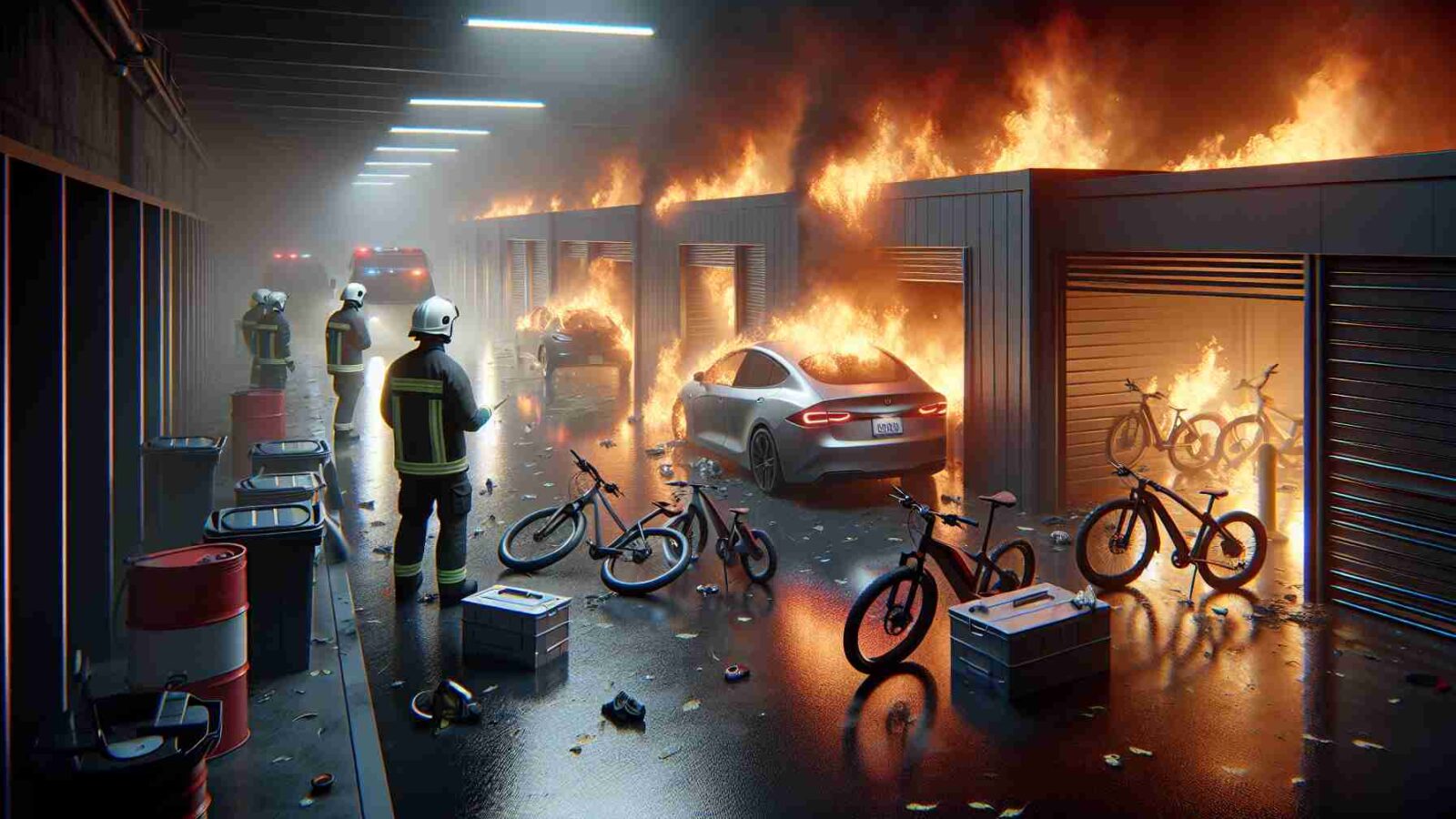 A representation of e bikes on fire with fire extinguishers