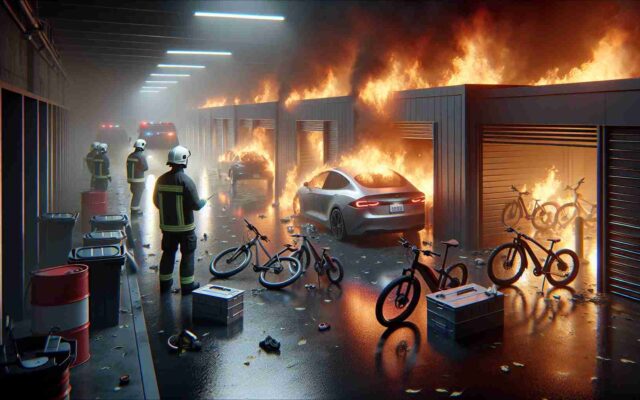 A representation of e bikes on fire with fire extinguishers