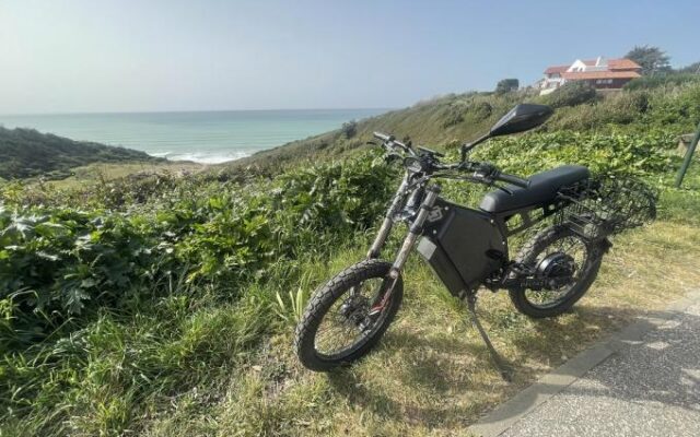 A view of an electric bike standing at a distance grassy place