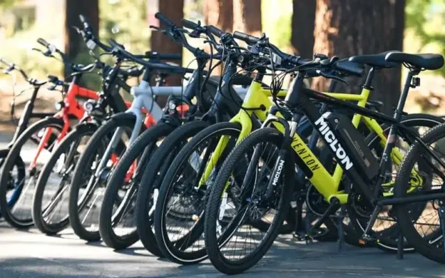 a variety of commuter bikes standing in a row
